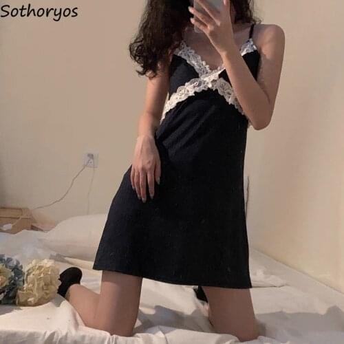 Women Lace Patchwork Sleepshirts Sexy Spaghetti Strap Mini Slender Soft Hot Girls Hipster Nightgowns New-arrival Females Lounge