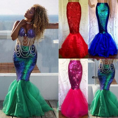 Newest trendy high waist Ladies Sexy Mermaid Halloween Costume Fancy Party Sequins Maxi Dress Tail Skirts
