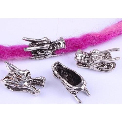 5 Pcs Reggae Wig Jewelry Beaded Headpiece Braided Retro Alloy Beaded Large Hole Dragon Head Design Alloy Loose Beads Hair Ring