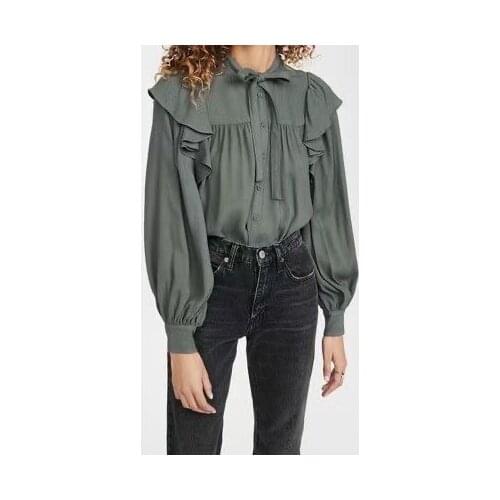 INS Ull* Johnso* 100% viscose ruffles fly sleeve bowknot bright line long sleeve shirt