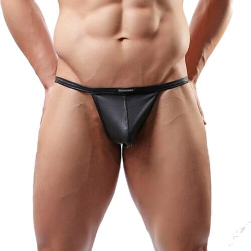 Sexy Mens Thongs PU Leather G-Strings Micro Bikini T-back Panties String Homme Bugle Pouch Lingerie Gay Thongs Tanga