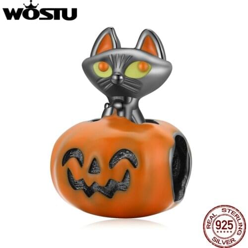 WOSTU 925 Sterling Silver Halloween Pumpkin Dark Black Cat Charm Charm Beads Fit Original Bracelet DIY Jewelry CTC522