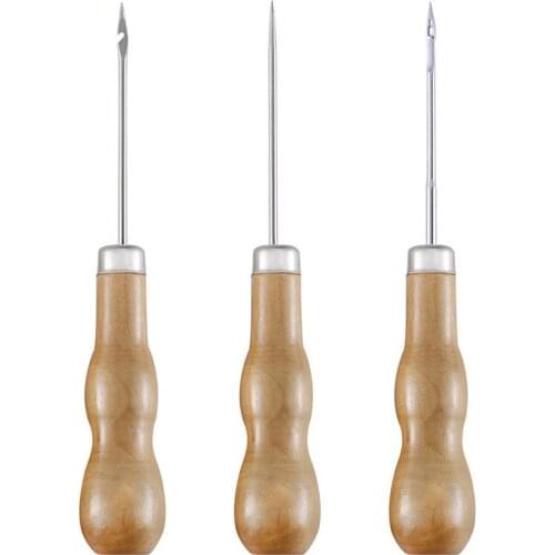 3Pcs Wooden Handle Sewing Awl DIY Carft Stitch Needle Cone Die Canvas Shoes Repair Punch Awl Leather Craft Awl Sewing Tools