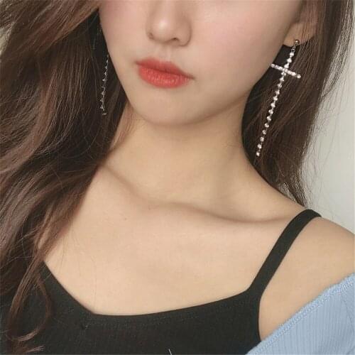 Temperament Wild Creative Cross Earrings Long Rhinestones-Set Frosty Elegant Wind Tide Female Jewelry