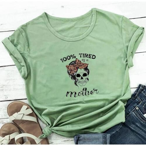 Tired As A Mother Skull Graphic Leopard Print 100%Cotton Women T-Shirt Mothers Day Gift Cool Mom Life Tee