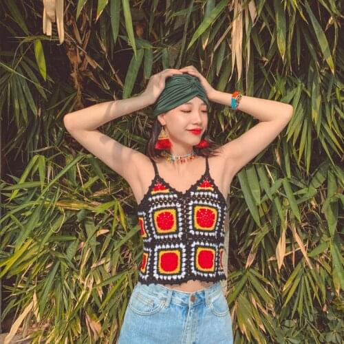 Bohemian Hand-woven Camisole Bikini Nepal Cotton Patchwork Open-back Tassel Blouse Woman Summer