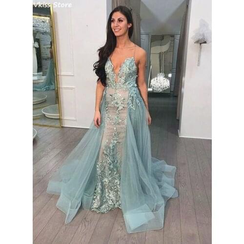 Vkiss 2021 Prom Dress Mermaid Sweep Train Spaghetti Strap Applique Sexy Backless V-neck Evening Dress robe de soirée de mariage