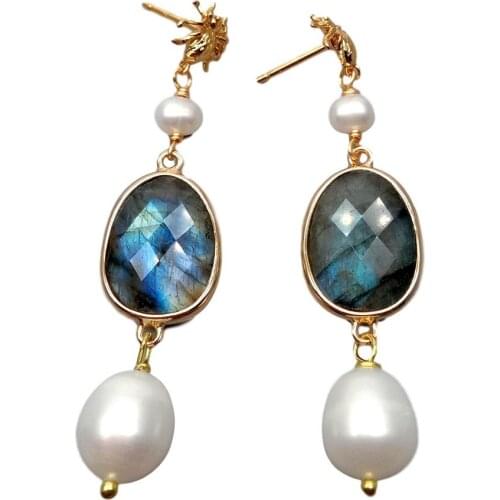 Y·YING Cultured White Rice Pearl Bezel Set Labradorite Dangle Stud Earrings