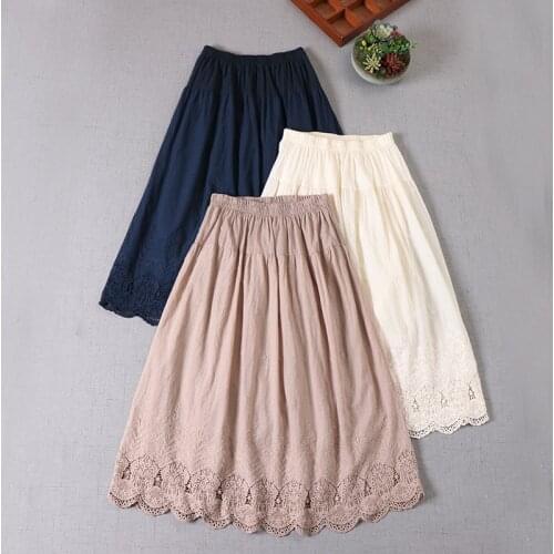 Japan Style Mori Girl Solid Color Cotton Embroidery Skirt Loose Literature Hollow Lace Women Skirts
