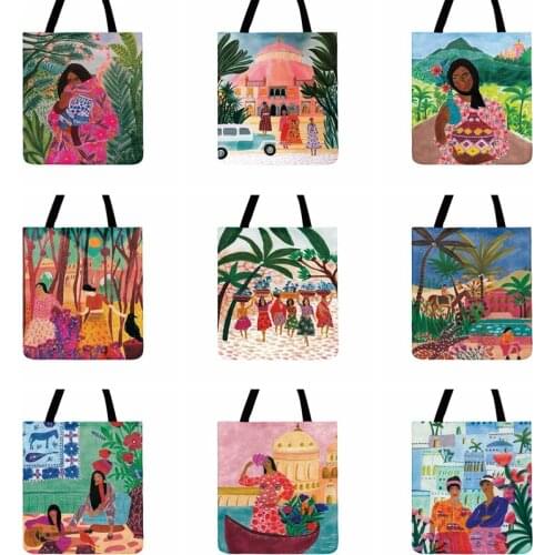 Ladies Shoulder Bag Summer Holiday Painting Print Tote Bag For Women Casual Tote Outdoor Beach Tote Bags Foldable Shopping Bag