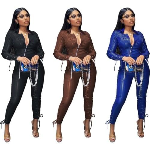 Solid PU Faux Leather Lace Up Drawstring Two Piece Sets for Women Zipper Up Long Sleeve Jackets and Bodycon Pant Moto Biker Suit