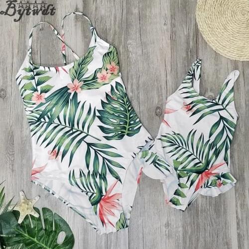 Mother Daughter Matching Falinly Swimwear One Piece Swimsuit Girl Womens Palm Leaves Printed Padded Bra Bathing Suit 2018 Summer