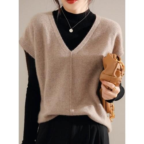 TAILOR SHEEP 2021 Autumn Winter Womens Vest 100% Wool Knitted Jumper Loose Sweater Waistcoat V-Neck Pullover Sleeveless Tops