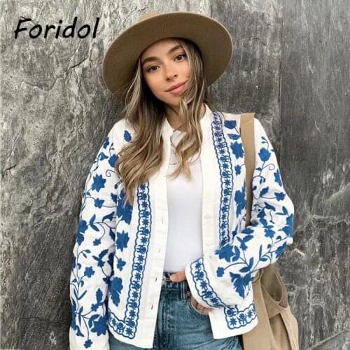 Foridol Cotton Linen Floral Embriodery Short Coat Women Single Button White Vintage Chinese Print Oversized Top Spring Autumn