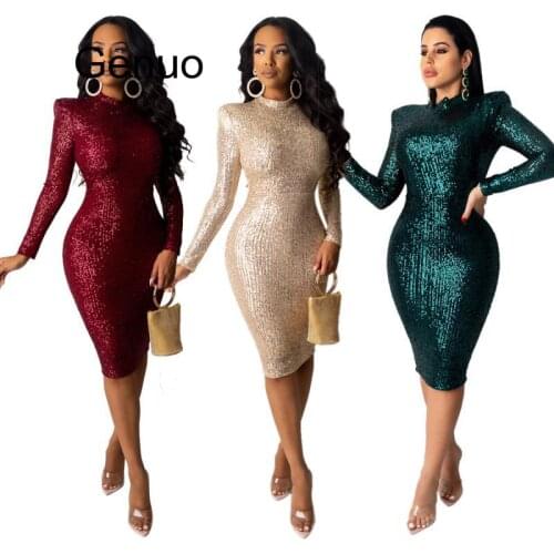 2020 Spring Winter Dress Women Sequined Sexy Full Sleeve Bodycon O-Neck Night Club Party Street Bandage Midi Pencil Dresses