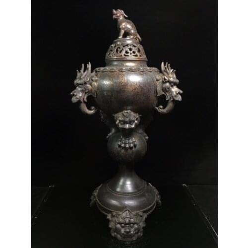 28" Tibet Buddhism Temple Old Bronze Cinnabars Chinese dragon statue Faucet incense burner Pixiu statue Incense burner cover