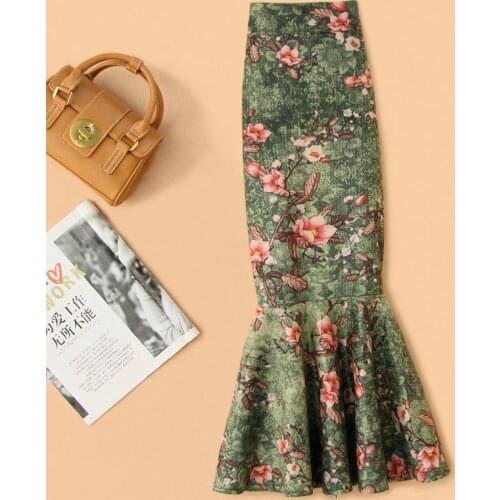 Free Shipping Green Long Mid-calf Skirt Women Plus Size S-4XL Mermaid Style Stretch Ladies High Waist Suede Skirt Flower Skirt