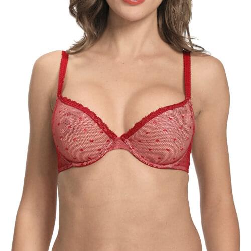 Vgplay Unlined Red Bra See Through Lace Lingerie Unpadded Plunge Underwire Brassiere Hollow Mesh Dot Underwear Bra for Summer