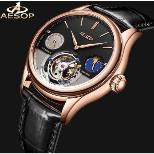 AESOP Multifunctional Original Real Tourbillon Movement Men Watch 316L Stainless Case Moon Phase Waterproof Mechanical Men Watch