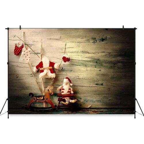 Christmas Backdrop Wood wall Christmas Santa Backdrop Toy horse Gifts Box Red Cloth Decor Background Photobooth