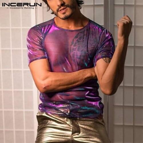 INCERUN 2021 American Style CasuaI Tees Streetwear See-through Two-tone Flash Party Nightclub Shiny Short-sleeved T-shirts S-5XL