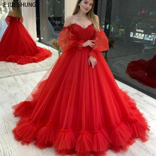 E JUE SHUNG Red Lace Ball Gown Wedding Dresses Sweetheart Off the Shoulder Lace up Back wedding gowns
