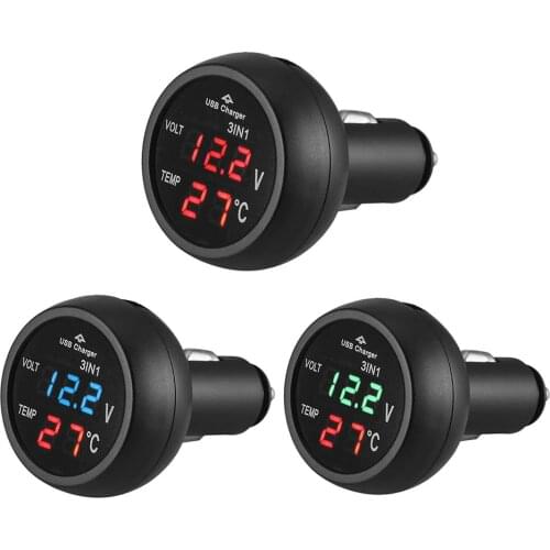 3 in 1 12/24V Multifunctional Car Auto LED Digital Voltmeter Gauge+Thermometer+USB On-board Charger