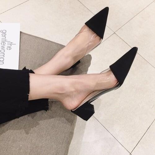 Chunky heel transparent slippers women patchwork pvc silk sandals 2019 new summer clear flip flops ladies slides mules shoes 180