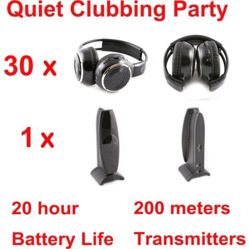 Silent Disco Headset system black folding wireless headphones - Quiet Clubbing Party Package (30 Headphones + 1 Transmitters)