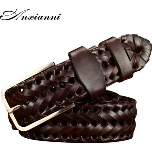 Anxianni Mens fashion belts luxury genuine leather braided Real Cow skin straps men Jeans Wide girdle