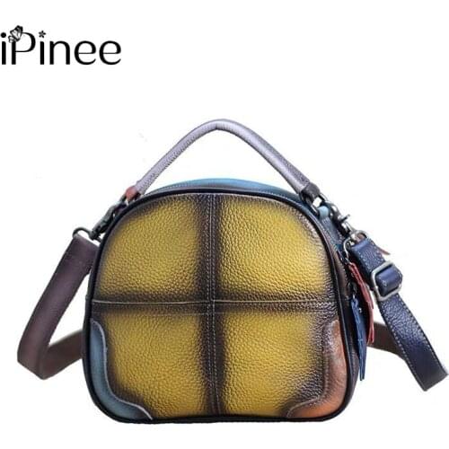 IPinee Multi-color Cow Leather Small Size Handbag Lady Genuine Leather Vintage Retro Cute Saddle Messenger Bag for Women
