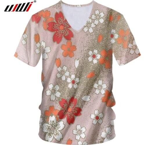 UJWI New Japan Harajuku Ukiyo-e Mens V Neck Tshirt Hoodies Man Favorite 3D Flower T-shirt Creative Printed Scenery Tee Shirt