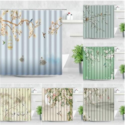 Chinese Style Scenery Shower Curtain Set Flowers Birds Swan Landscape Modern Waterproof Fabric Home Bathroom Decor Bath Curtains