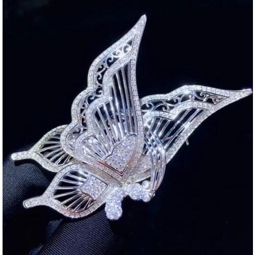 Insect white butterfly brooch pins 925 sterling silver with cubic zircon fine women jewelry 37*68MM pendant double use