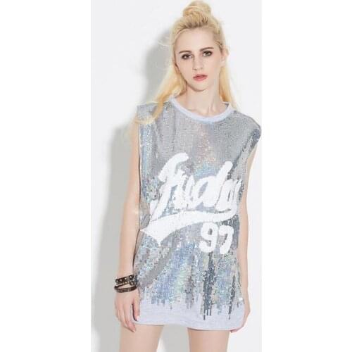 H80&S90 Women T-Shirt Hip-Hop Fashion Tee Shirt Ladies' Sleeveless Bar Show T-Shirt Female Alphabet Sequins Shirt Sexy Girl Top