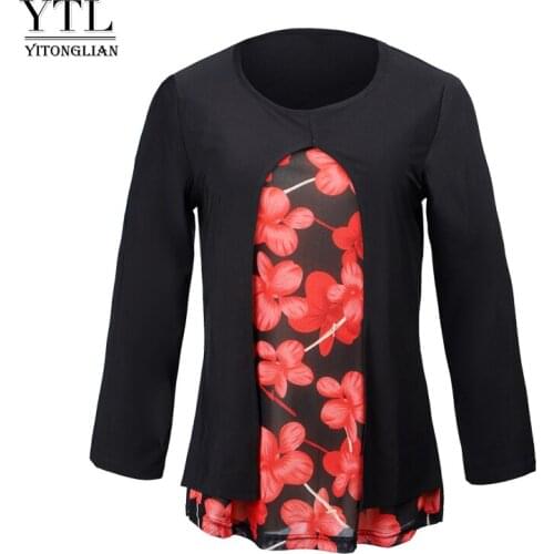 Yitonglian Womens Plus Size Tops Three Quarter Sleeve Floral Elegant Blouse Shirt Red Flowers T shirt W010