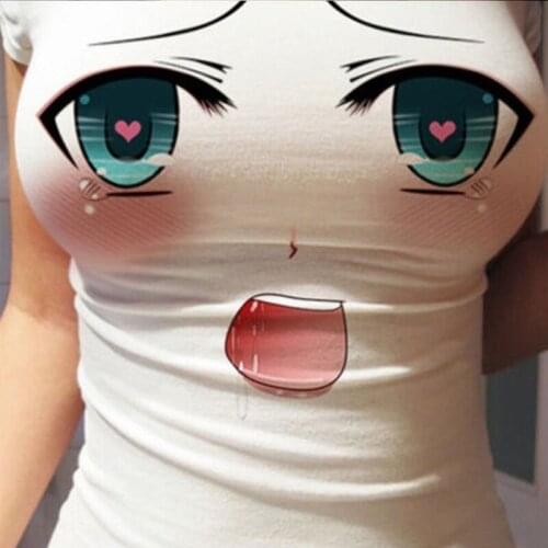 Funny Design Cute Cartoon Print Summer Womens Tight Undershirt Sweet Anime Emoticons T-Shirt 3D Big Eyes Sexy Short Sleeves