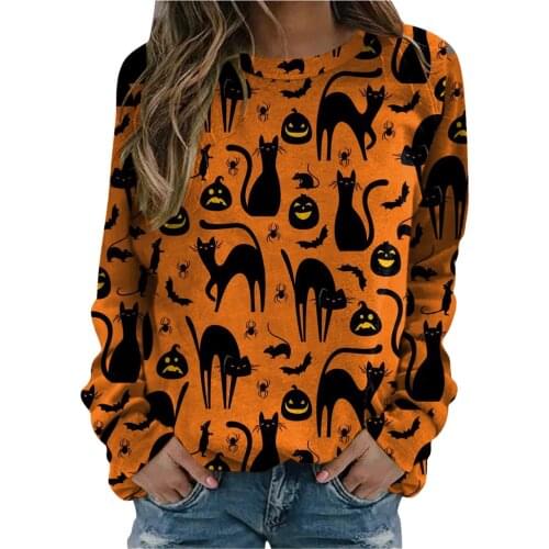 Women Halloween Sweatshirts Autumn Evil Pumpkin Printed Warm Hoodies Harajuku Casual Long Sleeve Pullover Basic Round Neck Tops