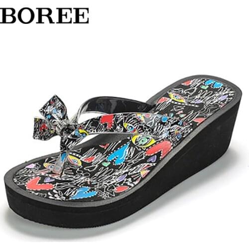 BOREE New Women Flip Flops Fashion Bow Wedge Sandals Outdoor Breathable Beach Shoes Women High Heels 6cm Platform Slipper Female