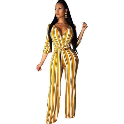 Women Print Striped Jumpsuit with Sleeve Sexy V-neck Work Business Loose Elegant Jumpsuit Wide Leg Pants Club Romper Overalls