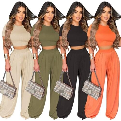 Party Solid Color Short Sleeve Two-piece Suit Women Office Overalls Round Neck Suits Summer Women Casual Wide Leg Pants S-5XL