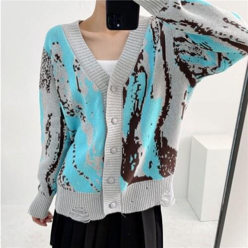 Women Wool Bend Cardigan 2021 Autumn Winter Abstract Graffiti Jacquard Knitted Cardigan Jacket V Neck Button Up Frayed Cardigan