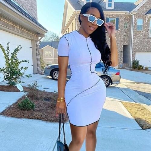 Streetwear Women Short Sleeve Bodycon Dress Summer Elegant Slim Sheath Black Mini Dress Casual Striped Short Bandage Woman Dress