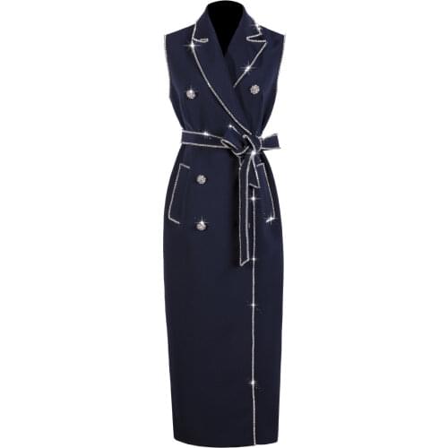 2019 New Summer Fashion Women Dress Turn-down Collar Double Breasted High Waist Long Sleeveless Vest Dresses