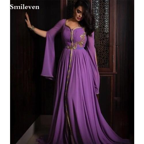 Smileven Purple Caftan Evening Dresses Flare Sleeve A Line Arabic Dubai Party Gowns Gold Lace Muslim Prom Gown Plue Size