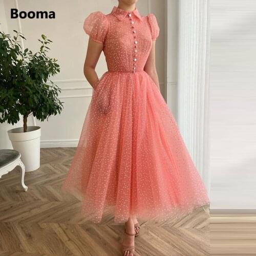 Booma Vintage Pale Pink Swiss Dots Tulle Prom Dresses Short Sleeves Midi Prom Gowns with Pockets Tea-Length Wedding Party Gowns