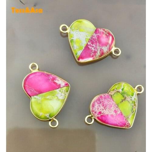 3pcs Natural Emperor Stone Heart Shaped Pendants Gold Diplopore Connector Charm Woman Exquisite Jewelry Necklace Bracelet Making