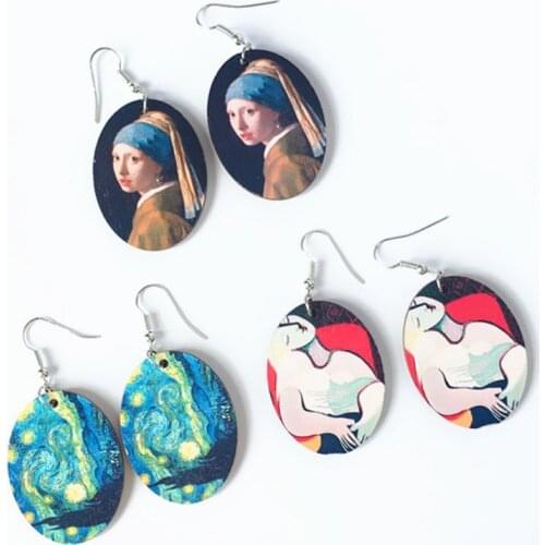 Wooden eardrop ear Pendant drop Vintage Oil Painting Earrings Female Ear Hook Dangler woman girl