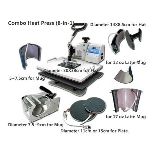 Cheap 30*38CM 8 in 1 Combo Heat press Machine Sublimation Printer 2D Heat Transfer Machine for Cap Mug Plate Tshirts