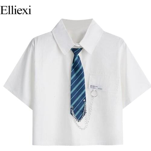 Elliexi Korean Polo T shirt Necktie Short Sleeve Vintage Tooling Chain Student Short Shirt Womens 2021 school girl uniform
